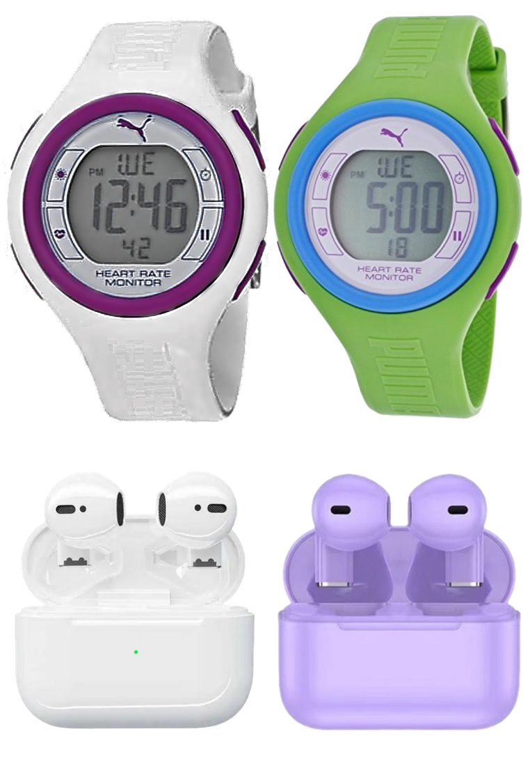 EGLANTINE Value Deal - 2 PUMA Digital Watches + 2 5s PRO MINI Wireless Earphones - (1 Purple and 1 White)