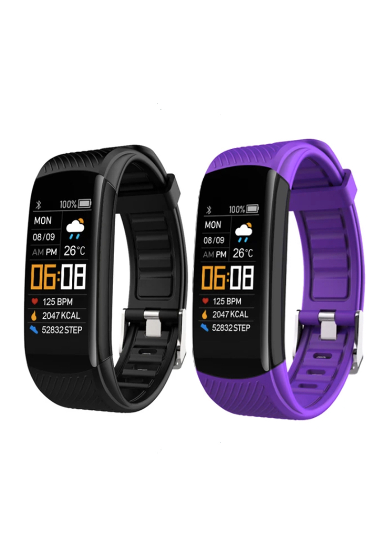 EGLANTINE 2 Unisex IOS/Android IP Black Waterproof Fitness SmartWatches, Heart Rate Monitoring, Weather, Clock - One all black / One Black and Deep Purple