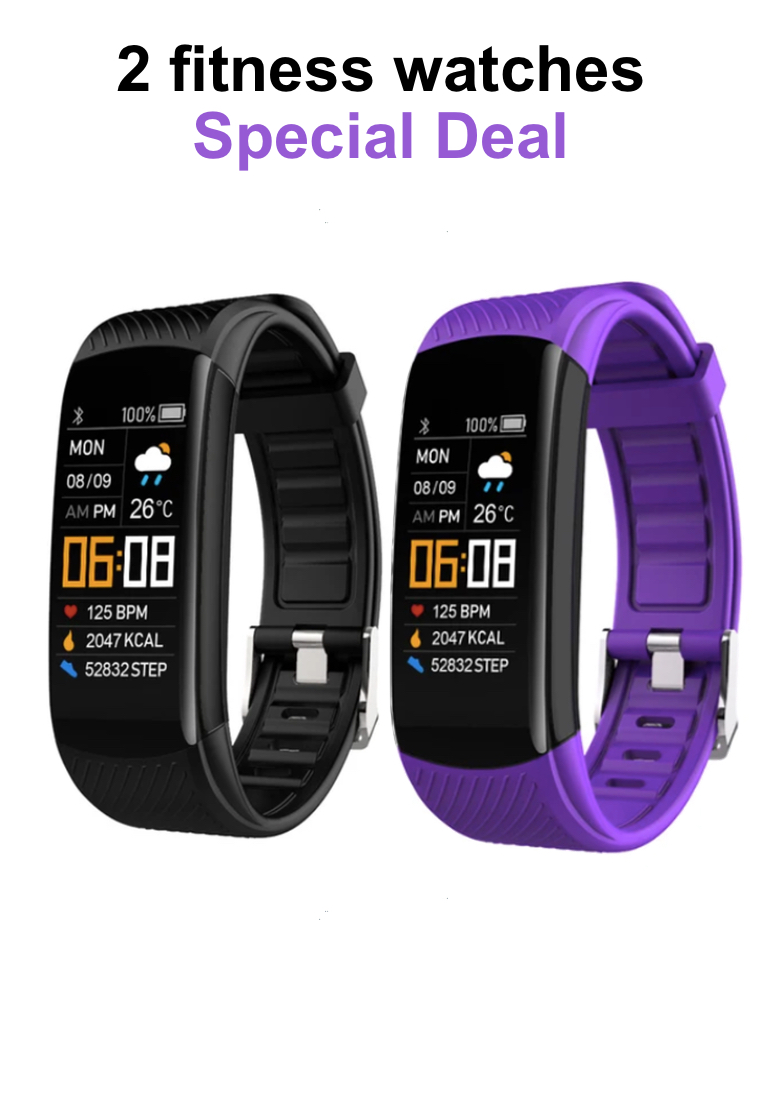 EGLANTINE 2 Unisex IOS/Android IP Black Waterproof Fitness SmartWatches, Heart Rate Monitoring, Weather, Clock - One all black / One Black and Deep Purple