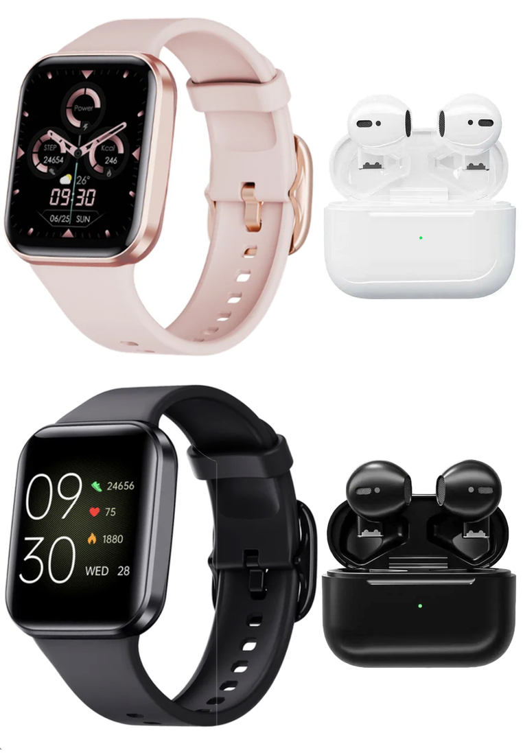 EGLANTINE His and Hers - 2 IOS/Android SmartWatches + 2 pieces of 5s MINI PRO Wireless Earphones (1 Black & 1 White)