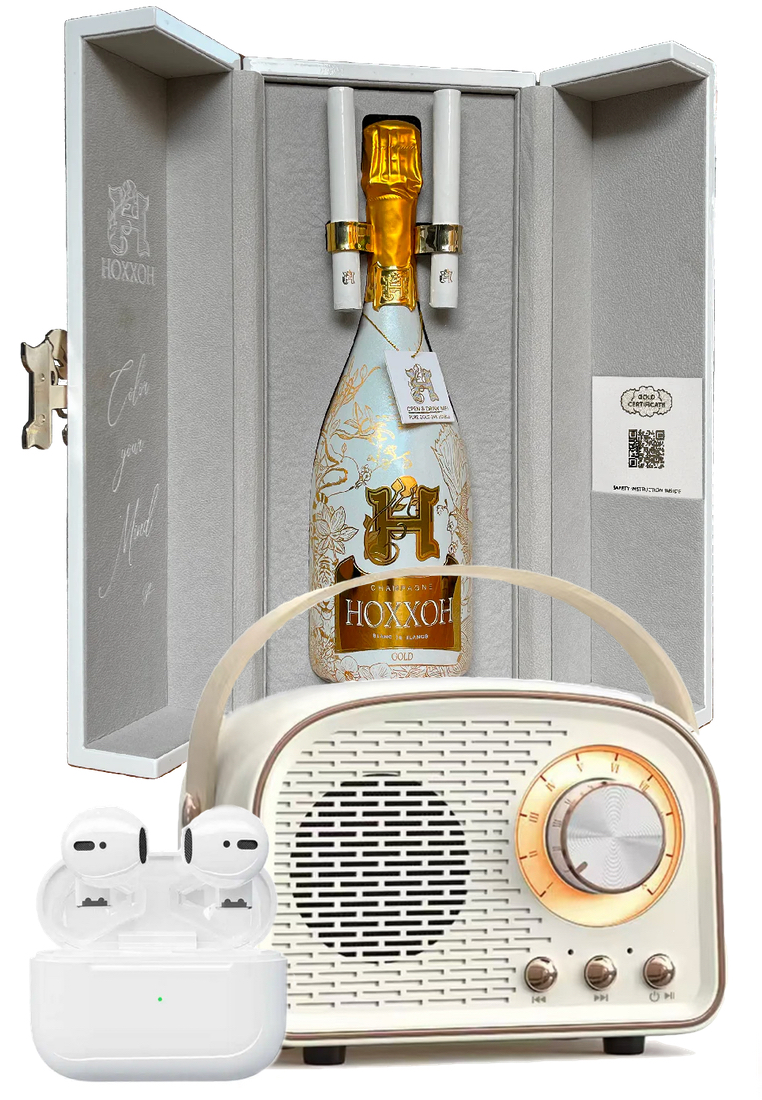 EGLANTINE HOXXOH Special Value Deal  - 5s PRO MINI Earphones + Mini Wireless Bluetooth Retro Vintage Speaker + HOXXOH Gold 75cl Champagne Prestige Box