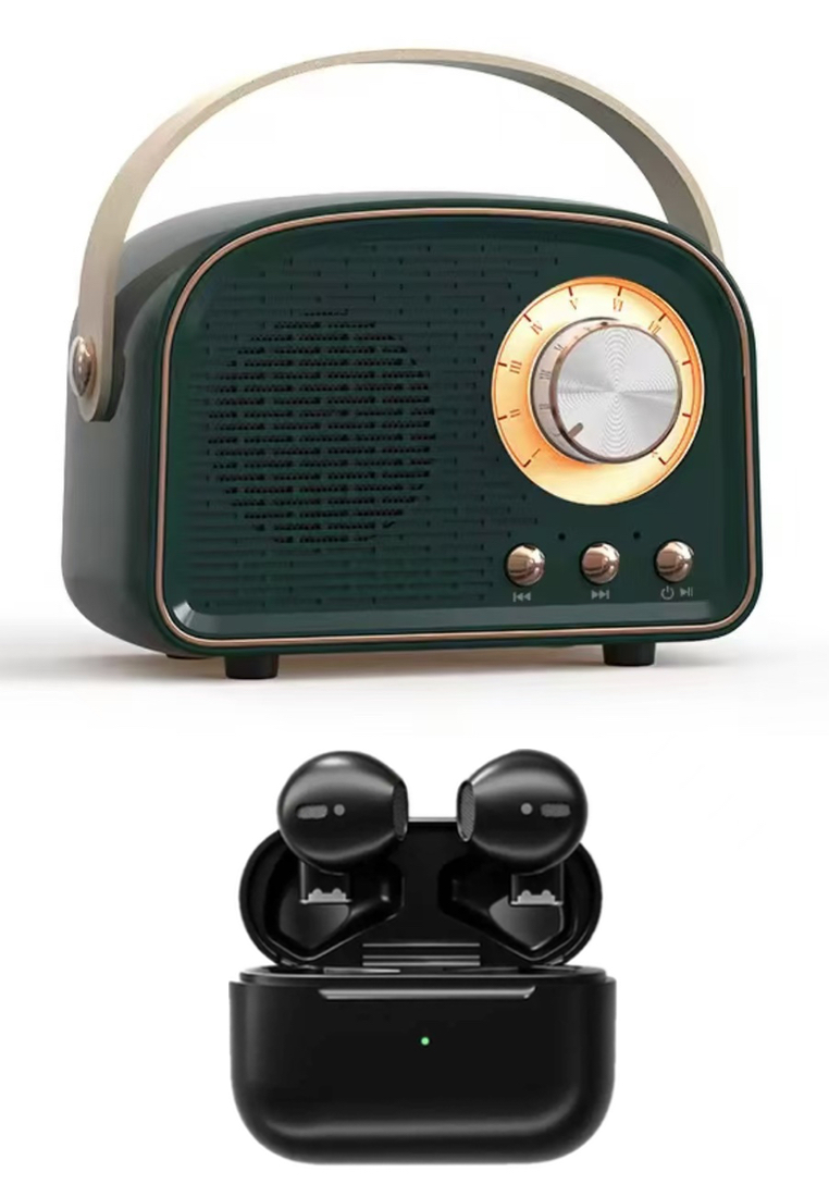 EGLANTINE 5s PRO MINI Wireless Earphones - Black + Mini Wireless Bluetooth Retro Vintage Speaker - Black