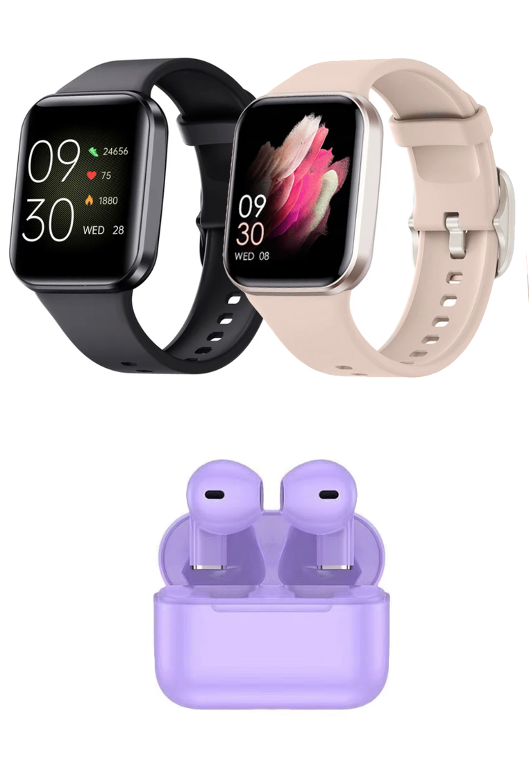 EGLANTINE Value Deal : His and Hers - 2 IOS/Android IP Black & Pink Smart Watches with Rubber Strap + FREE 5s PRO MINI TWS Earphone - Purple
