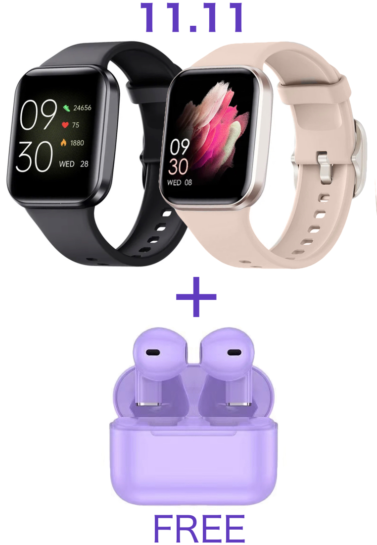 EGLANTINE Value Deal : His and Hers - 2 IOS/Android IP Black & Pink Smart Watches with Rubber Strap + FREE 5s PRO MINI TWS Earphone - Purple