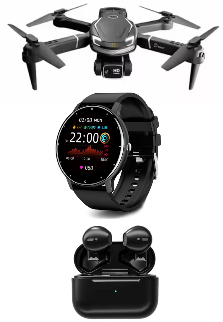 EGLANTINE Value Deal - Unisex IOS/Android Black SmartWatch + 5s PRO MINI TWS wireless earphones + 8K Drone