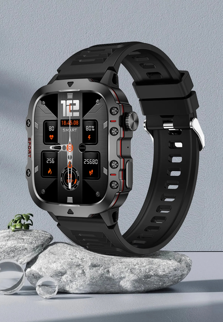 EGLANTINE Unisex Smart Watch - Bluetooth Call - 1.96 Inch HD Screen 240x282 - Android/IOS - 3ATM Waterproof - Blood Pressure Monitoring - Metal Bracelet +1 Extra Rubber Strap
