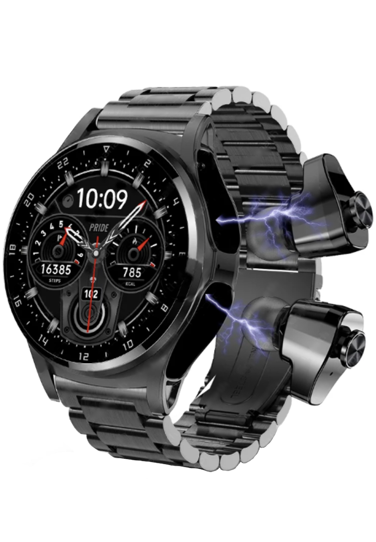 EGLANTINE IOS/Android IP Black Smart Watch with Built-in TWS Wireless Earphones - Two in one