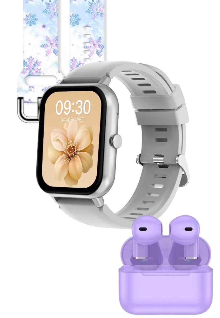 EGLANTINE FROST Special Edition Smart Watch - IOS/Android Silver SmartWatch with 2 Rubber Straps (Grey/FROST) + 5s PRO Mini Earphone Purple