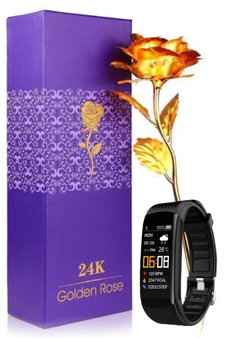 EGLANTINE Gift Set - Fitness Smart Watch / MOHLIA® 24K plated Infinity Rose - Unisex IOS/Android IP Black Waterproof Fitness SmartWatch, Heart Rate Monitoring, Weather, Clock, with Black Rubber Strap