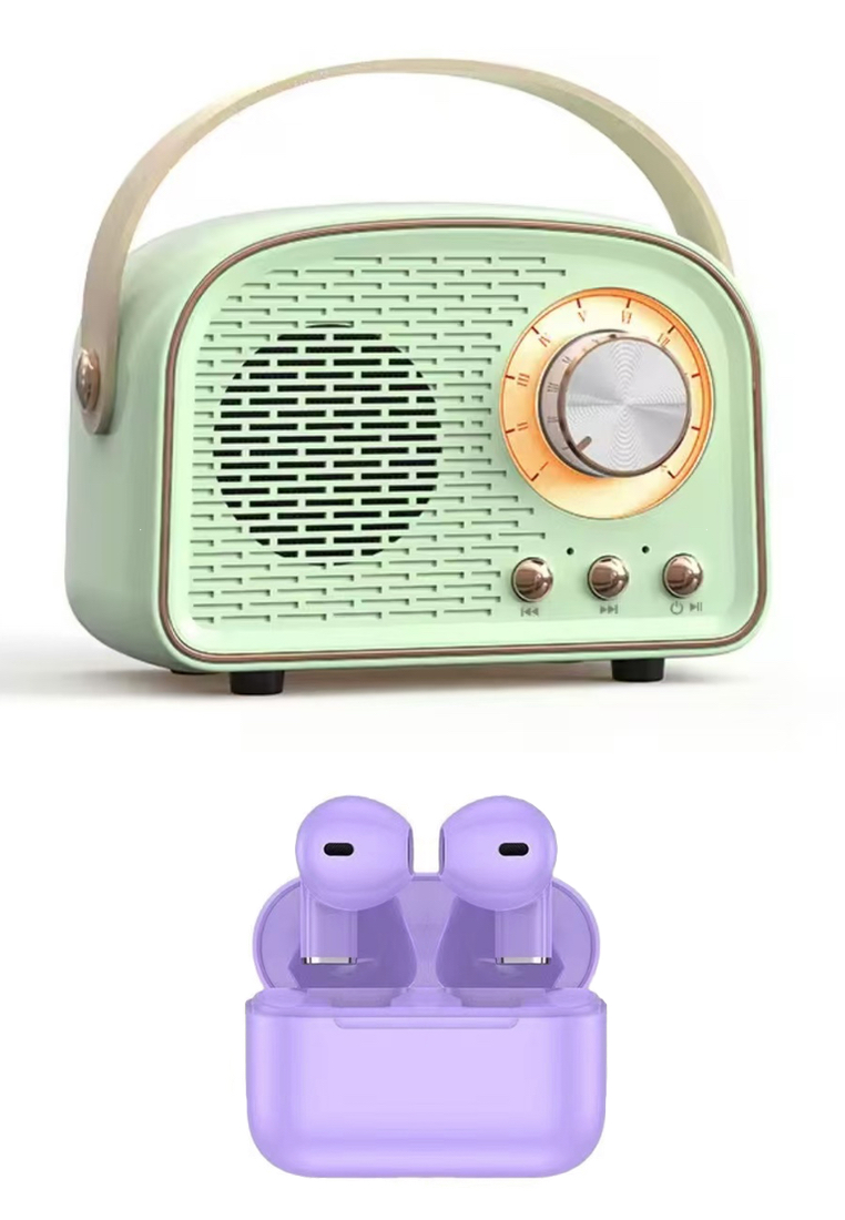 EGLANTINE Value Deal - 5s PRO MINI Wireless Earphones - Purple + Mini Wireless Bluetooth Retro Vintage Speaker - Green
