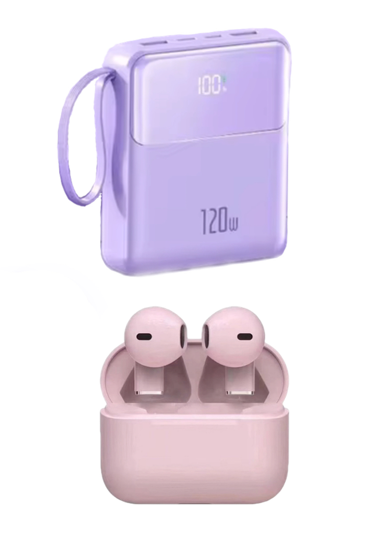 EGLANTINE Value Deal - 5s PRO MINI Wireless Earphones - Pink + Multi Plug 120W / 30000mAh Fast Charging Power Bank - Purple