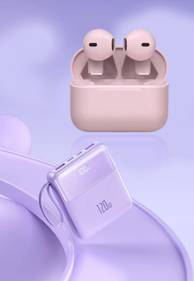 EGLANTINE Value Deal - 5s PRO MINI Wireless Earphones - Pink + Multi Plug 120W / 30000mAh Fast Charging Power Bank - Purple