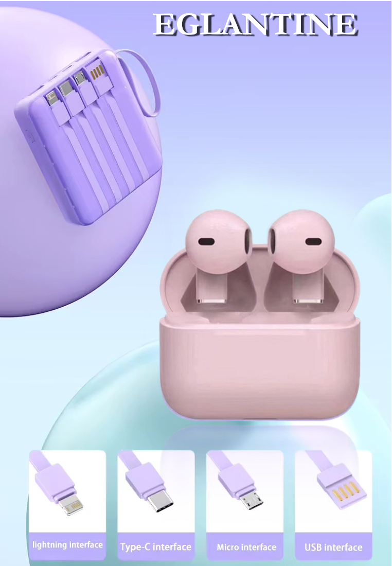 EGLANTINE Value Deal - 5s PRO MINI Wireless Earphones - Pink + Multi Plug 120W / 30000mAh Fast Charging Power Bank - Purple