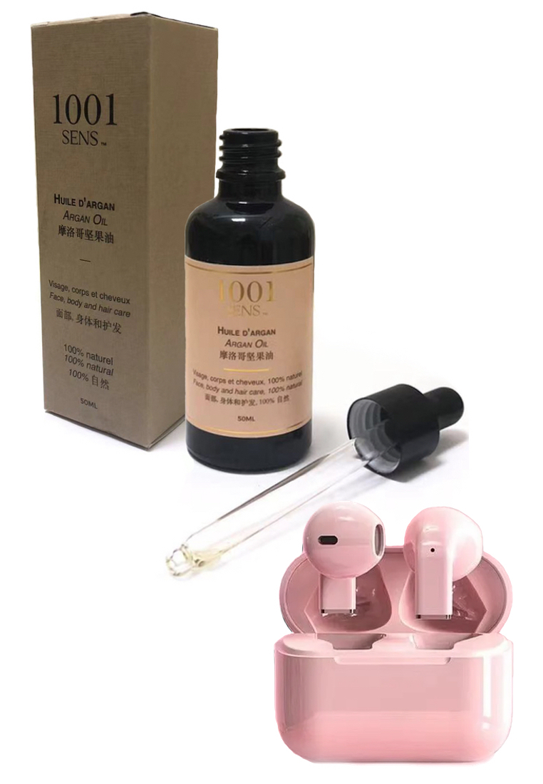 EGLANTINE Value Deal - 5S PRO Mini Wireless Earbuds - TWS (True Wireless Stereo) - Pink + 1001 SENS® 100% pure and Natural Argan Oil - 50ml