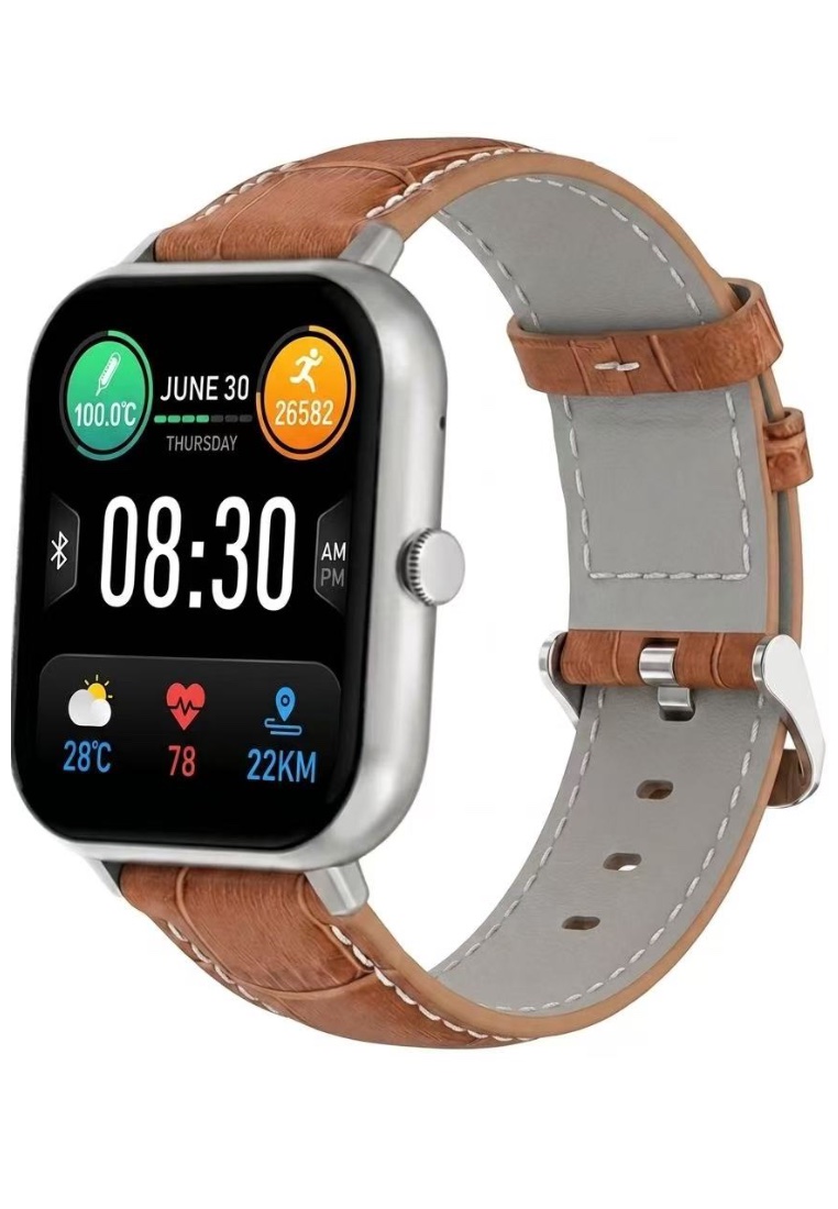 EGLANTINE Smart and Elegant - Unisex Rectangular Smart Watch iOS/Android - Leather Strap + 1 Silver Silicone Strap