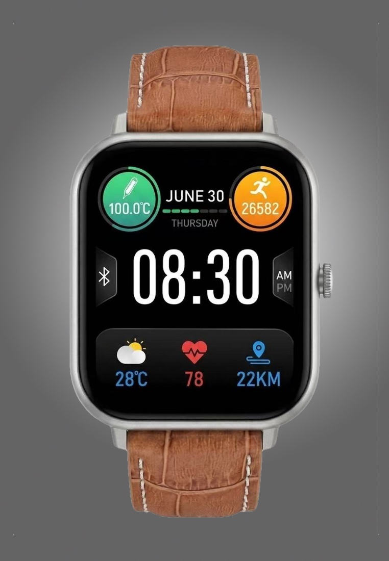 EGLANTINE Smart and Elegant - Unisex Rectangular Smart Watch iOS/Android - Leather Strap + 1 Silver Silicone Strap