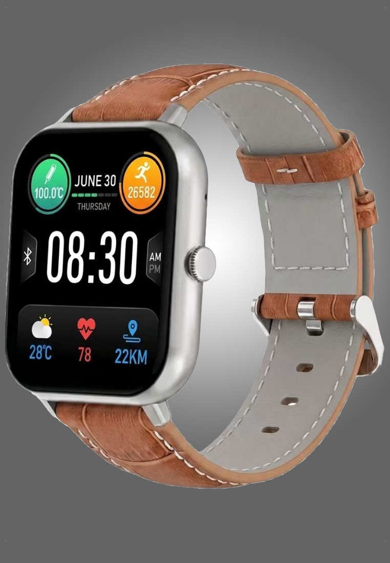 EGLANTINE Smart and Elegant - Unisex Rectangular Smart Watch iOS/Android - Leather Strap + 1 Silver Silicone Strap