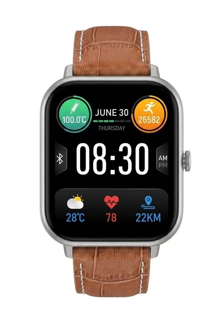 EGLANTINE Smart and Elegant - Unisex Rectangular Smart Watch iOS/Android - Leather Strap + 1 Silver Silicone Strap