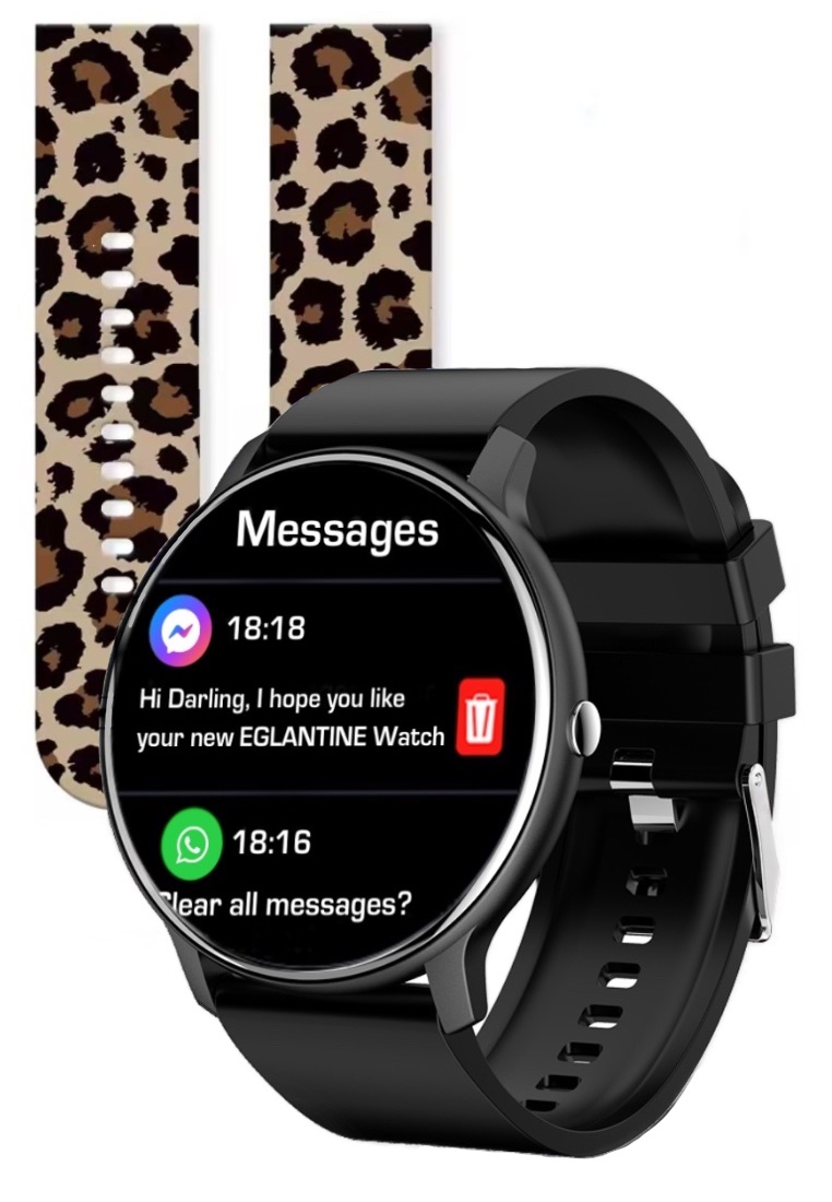 EGLANTINE Ladies Smart Watch - with 2 Easy to Exchange Silicon Straps (Black / Leopard Pattern)