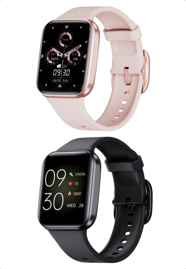 EGLANTINE His and Hers - 2 IOS/Android IP Black & Pink Smart Watches with Rubber Strap