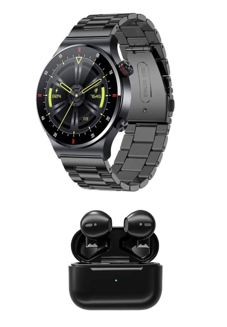 EGLANTINE Value Deal - SmartWatch + 5s PRO MINI wireless earphones - Black + 1 Free Watch Rubber Strap