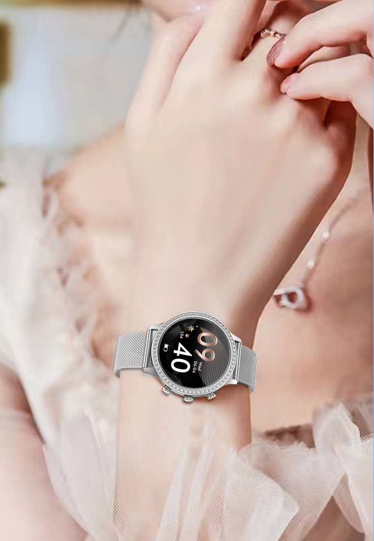 EGLANTINE Ladies Smart Watch Paved with Crystals, Milanese Metal Bracelet - Bluetooth Call - IOS/Android
