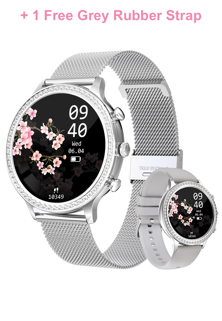 EGLANTINE Ladies Smart Watch Paved with Crystals, Milanese Metal Bracelet - Bluetooth Call - IOS/Android