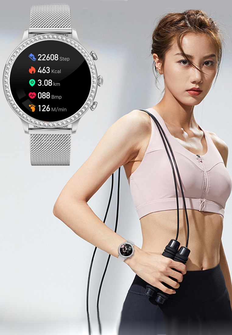 EGLANTINE Ladies Smart Watch Paved with Crystals, Milanese Metal Bracelet - Bluetooth Call - IOS/Android