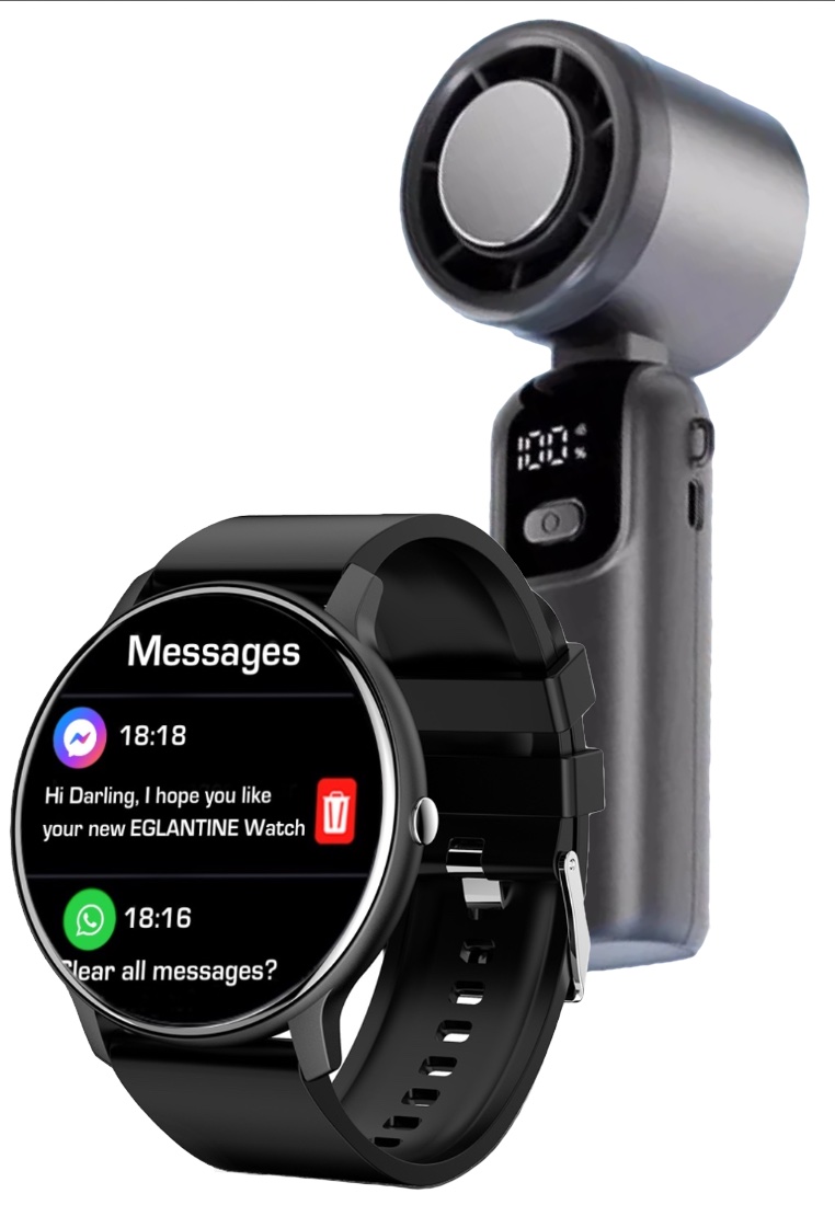 EGLANTINE Stay cool With This Great Tech Set - Unisex Smartwatch - black silicon strap + hand held high speed folding cooling fan - Black