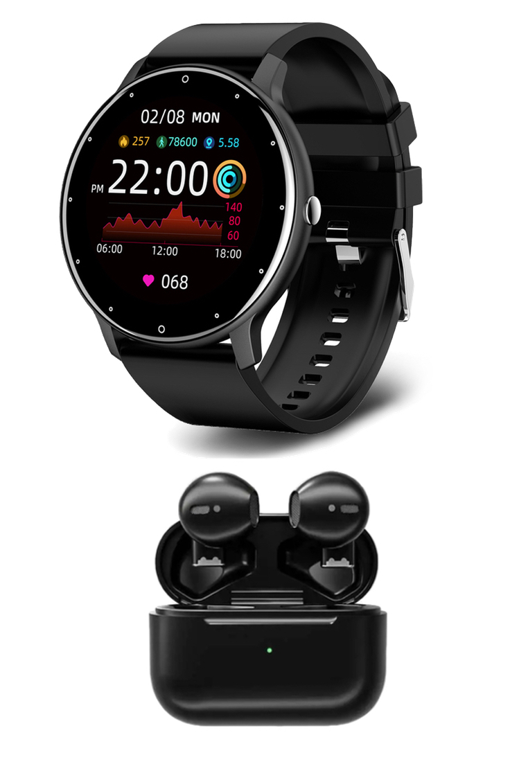 Value Deal - Black Unisex Smart Watch + EGLANTINE®  5s MINI PRO wireless earphones - Black