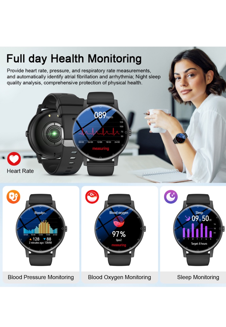 LIGE Black Round Smartwatch with Black Metal Bracelet + 1 Rubber Strap - Stylish Multi-purpose Tracker