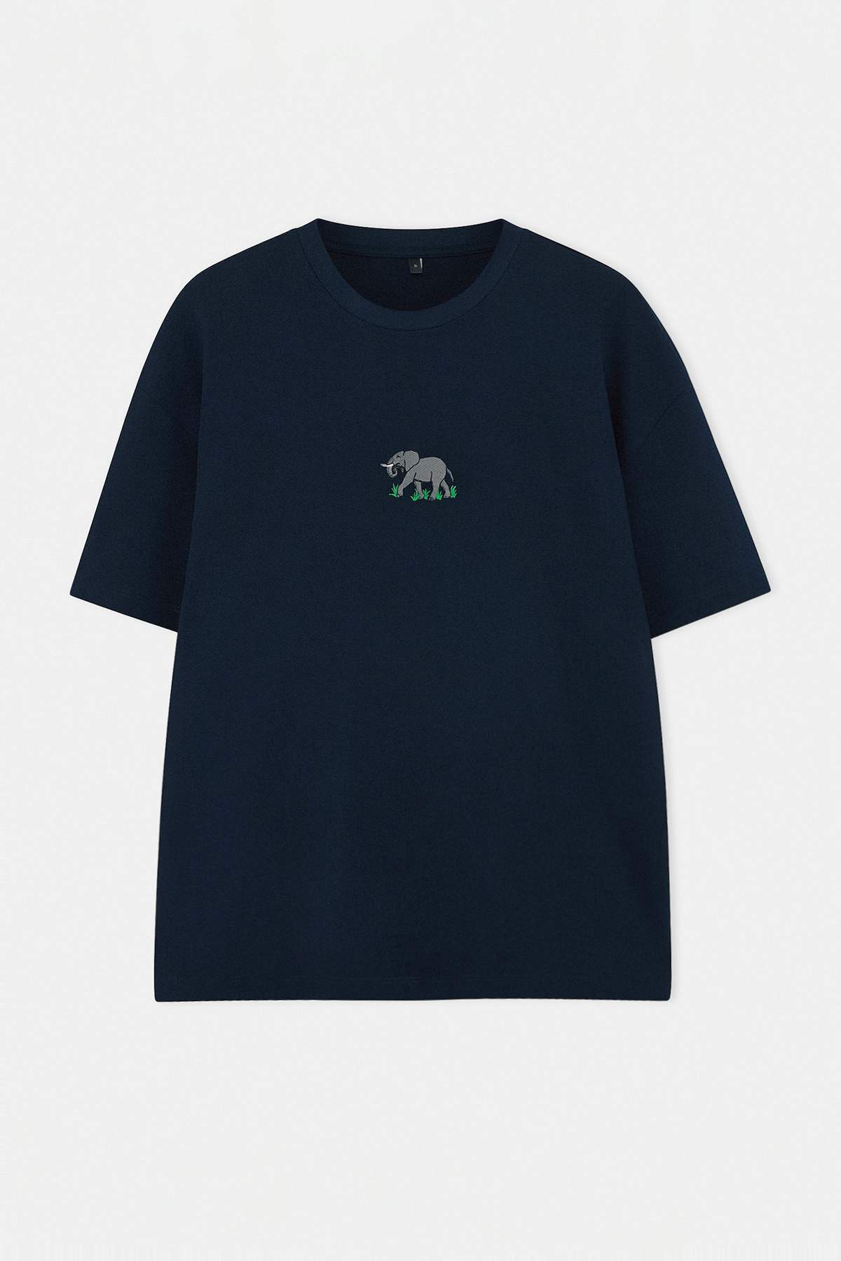 Trendyol Navy Blue Unisex Oversize/Wide Fit Elephant Embroidery 100% Cotton T-Shirt Tmnss26Ts00077