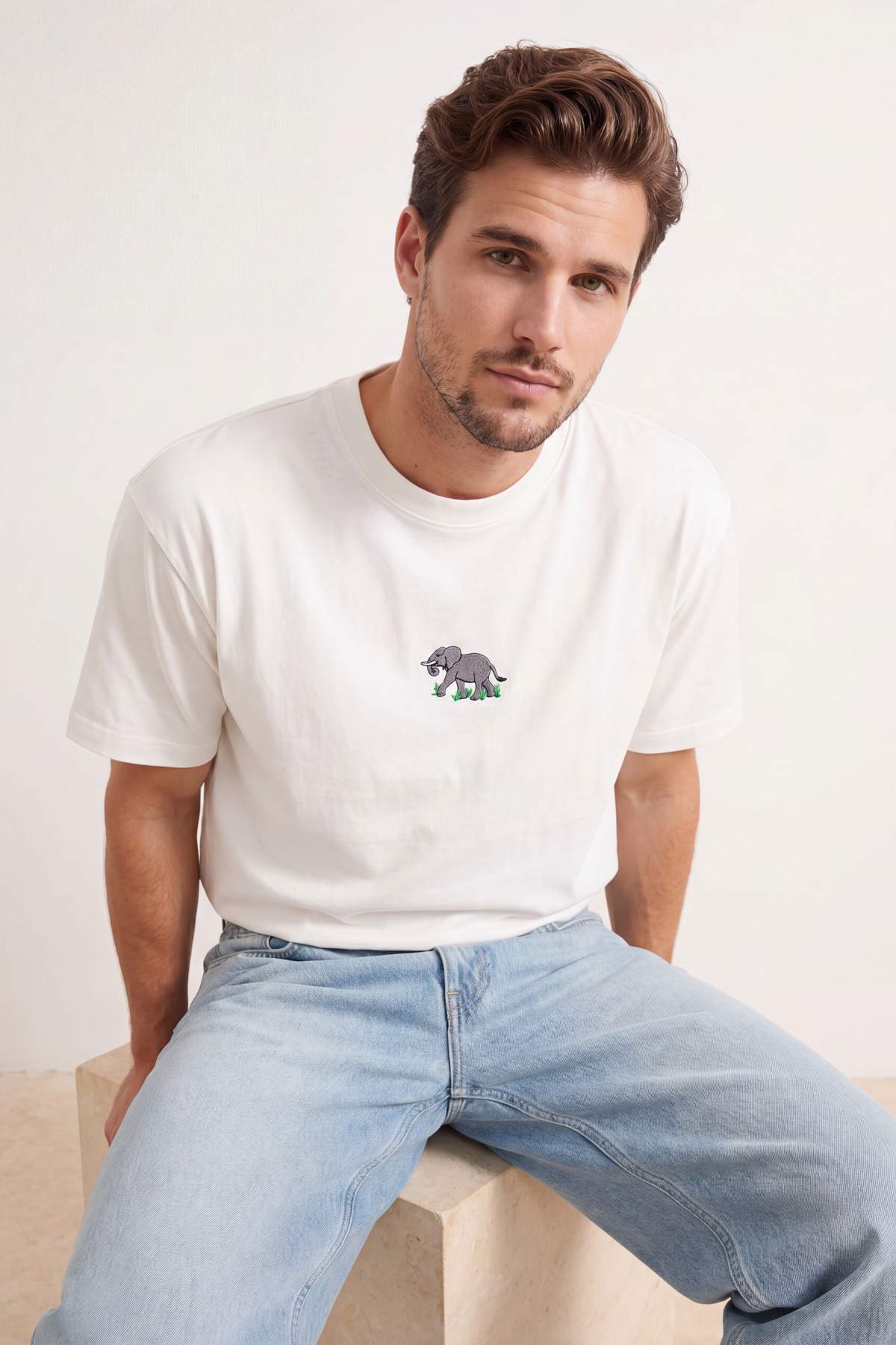 Trendyol Ecru Oversize/Wide Fit Elephant Embroidery 100% Cotton T-Shirt Tmnss26Ts00077
