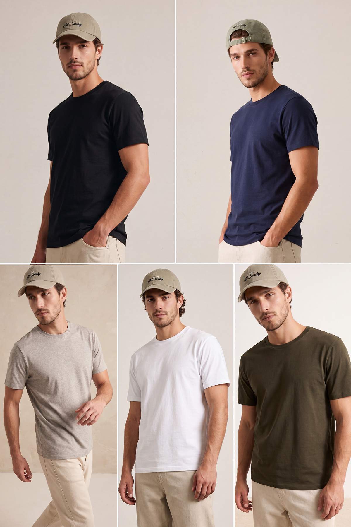 Trendyol Grimelange-Black-White-Khaki-Navy Blue 5-Piece Slim/Narrow 5-Piece Pack 100% T-Shirt Fabric T-Shirt Tmnaw20Ts0243