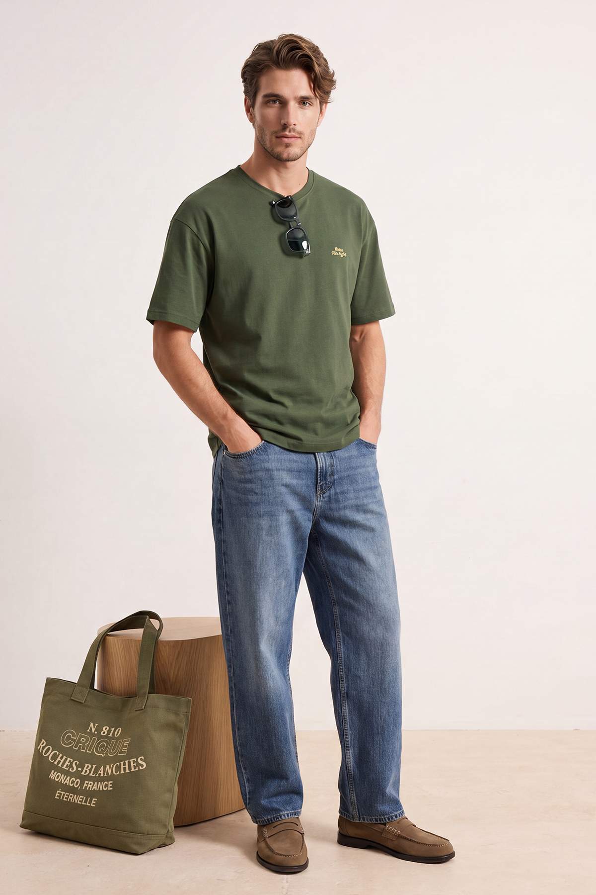 Trendyol Khaki Oversize/Wide Cut Slogan Embroidered 100% Cotton T-Shirt Tmnss26Ts00055