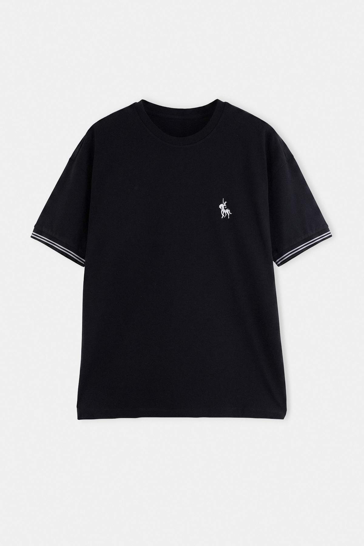 Trendyol Black Oversize/Wide Cut Horse Embroidered Knitwear Tape Detailed Textured T-Shirt Tmnss25Ts00019